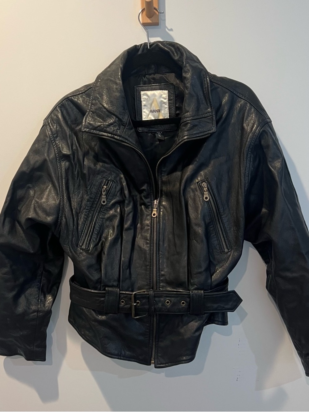 Avanti - Vintage 80s Black Genuine Leather Belted Bomber Jacket